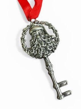 Pewter Santa Key Holiday Ornament with Red Ribbon